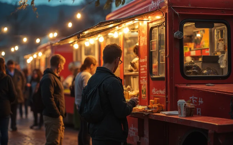 people eating from food truck vendors at an event