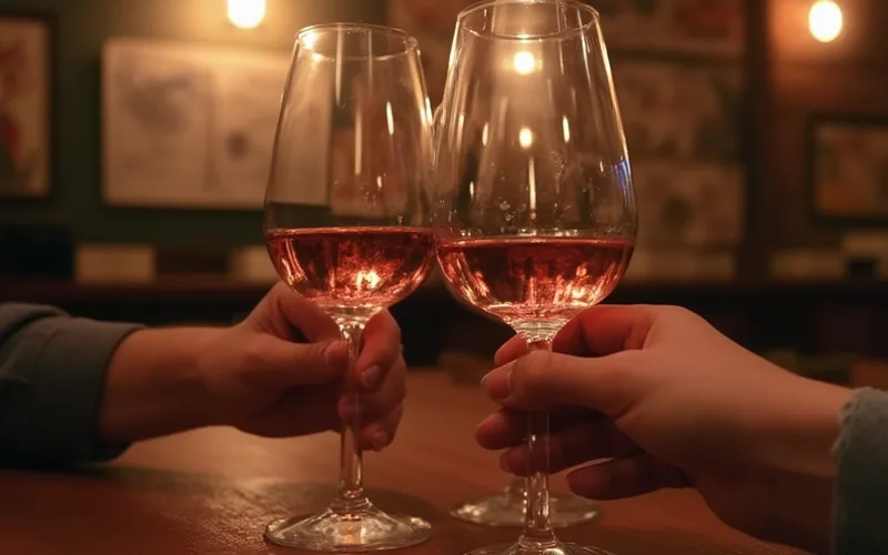 two wine glasses toasting at a tasting event